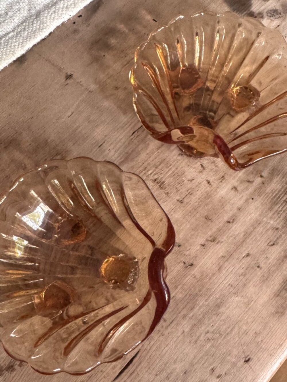 Vintage Amber Iridescent Glass Shell Dishes — Pair